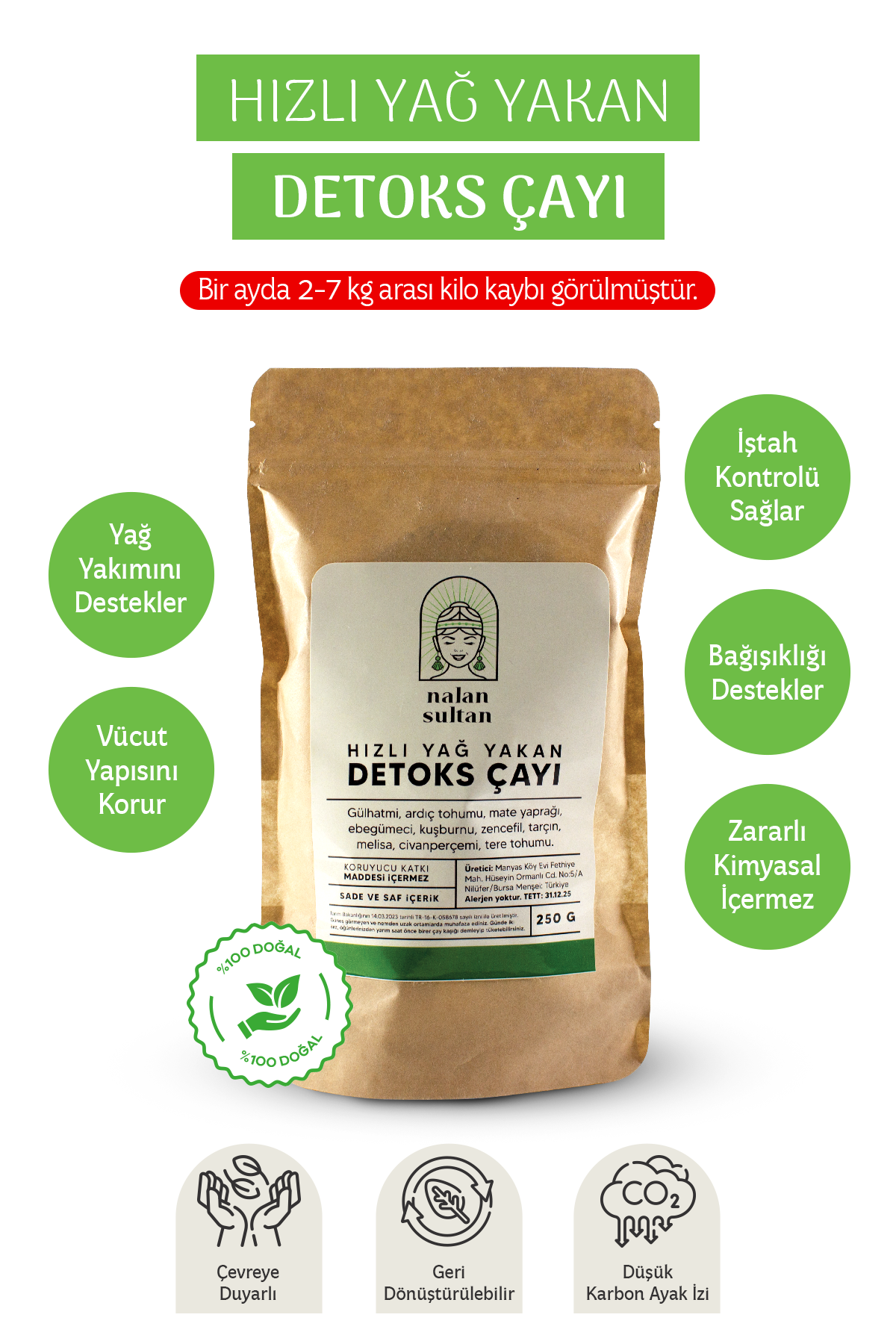 Hızlı Yağ Yakan Detoks Çayı | %100 Naturel Detoks Tea, Özel Formül (1 Aylık) 250 gr