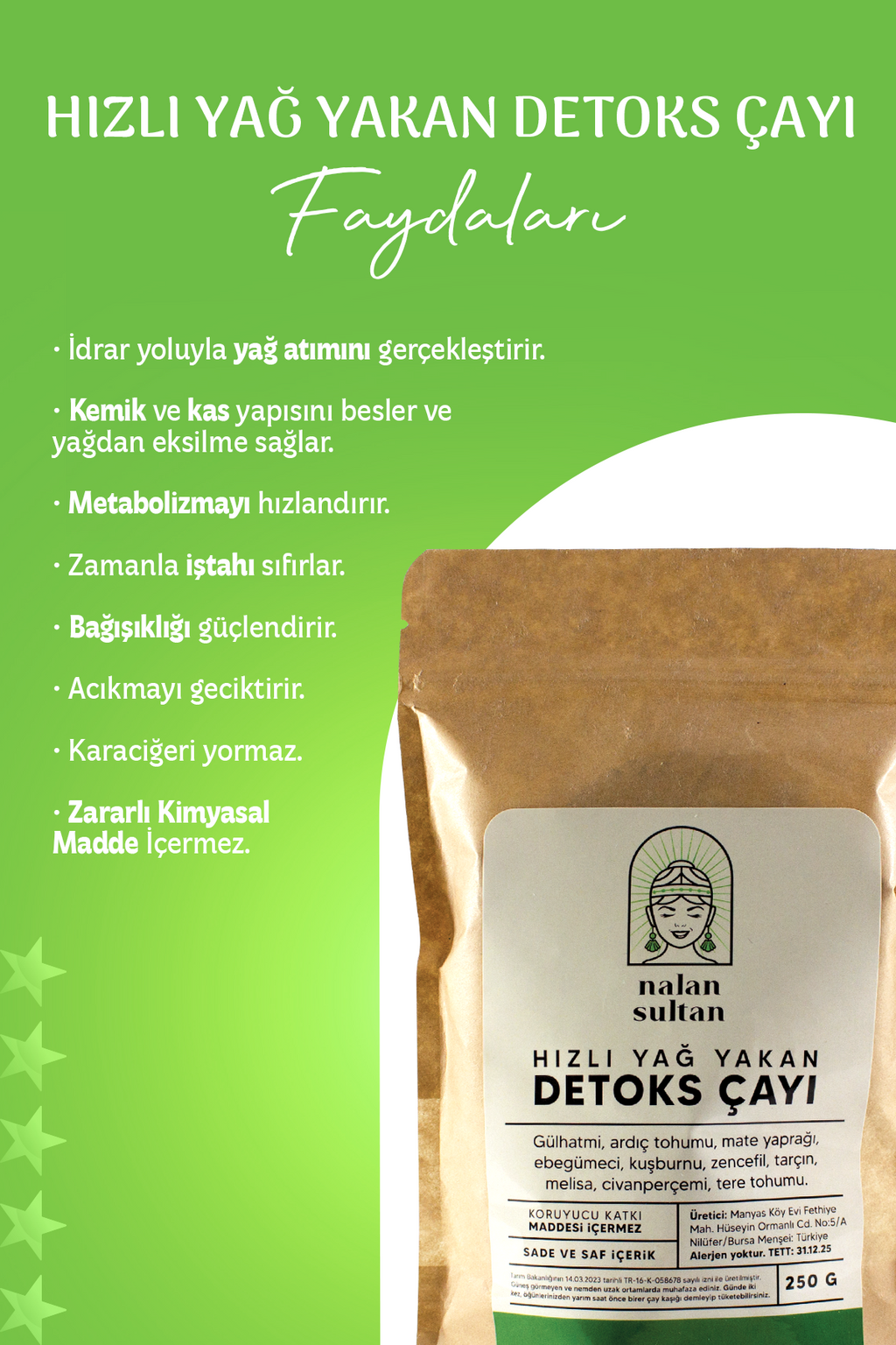 Hızlı Yağ Yakan Detoks Çayı | %100 Naturel Detoks Tea, Özel Formül (1 Aylık) 250 gr