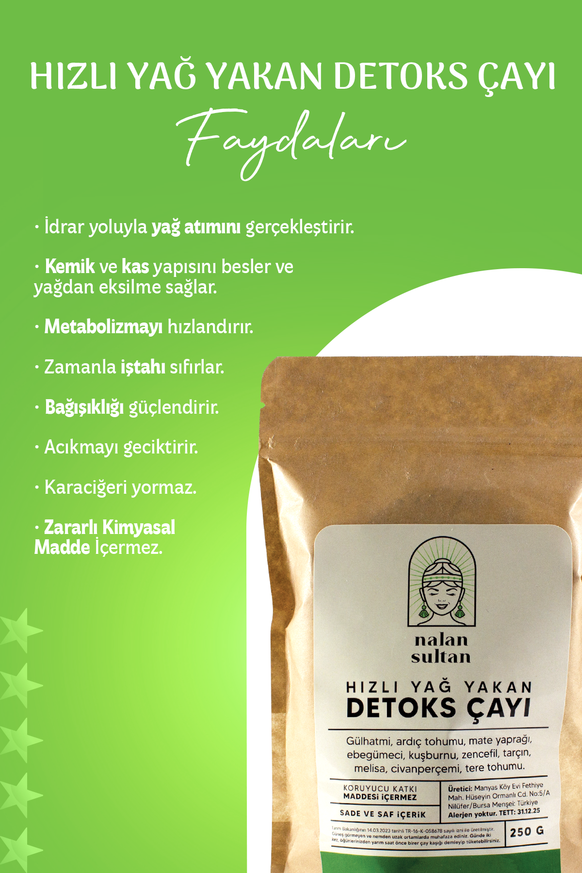 Hızlı Yağ Yakan Detoks Çayı | %100 Naturel Detoks Tea, Özel Formül (1 Aylık) 250 gr