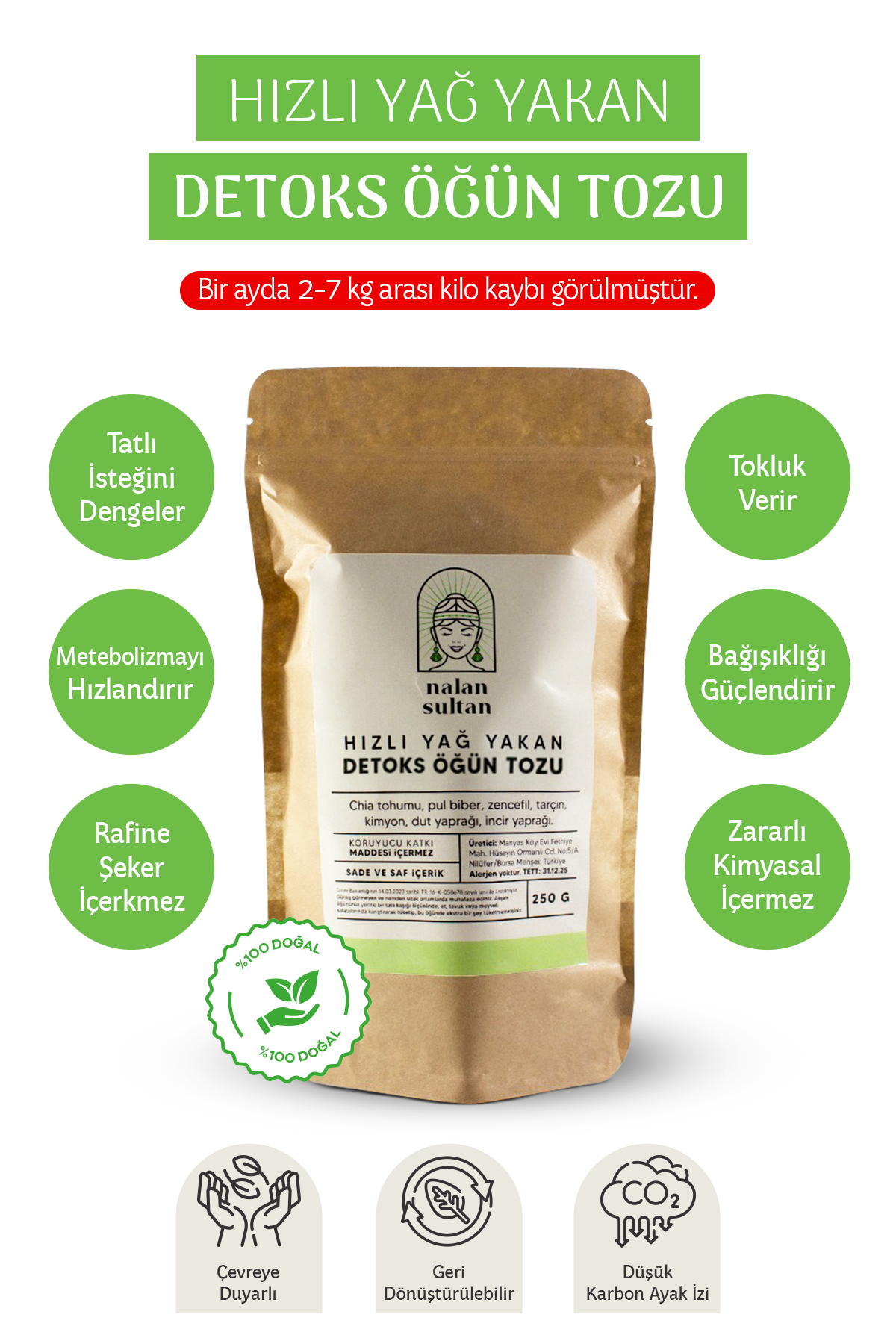 Hızlı Yağ Yakan Detoks Öğün Tozu | %100 Naturel Detoks Diet Meal (1 Aylık) 250gr