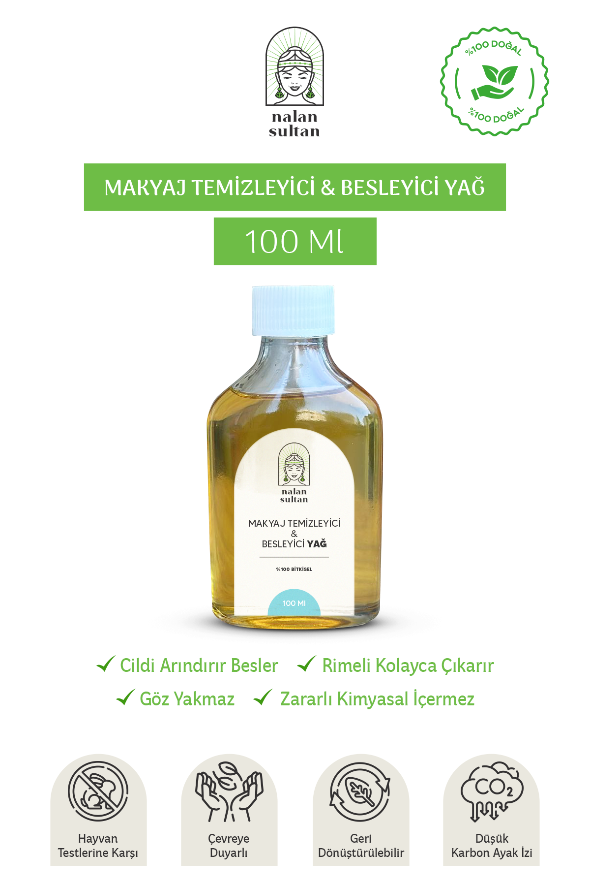 Bitkisel Hindistan Cevizi Yağlı Besleyici Makyaj Temizleme Yağı, Göz Yakmayan Formül, Parfümsüz (100 ml)